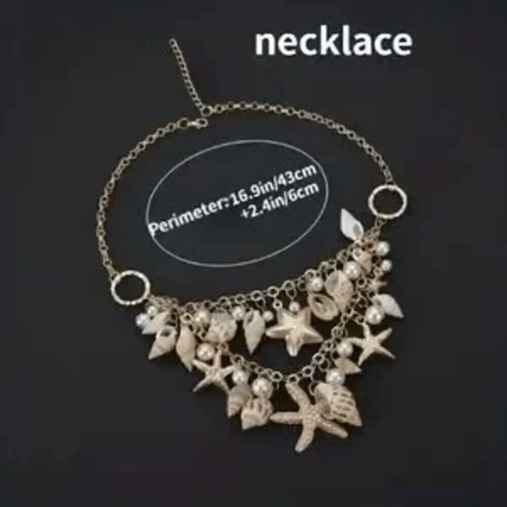Chunky Golden Beach Starfish Concho Shell Pearl Necklace and Bracelet Set